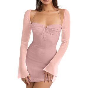 Women's Mesh-pink Mesh Dress Sleeve Mini Body-con Sweet Neck Party Mini Dresses